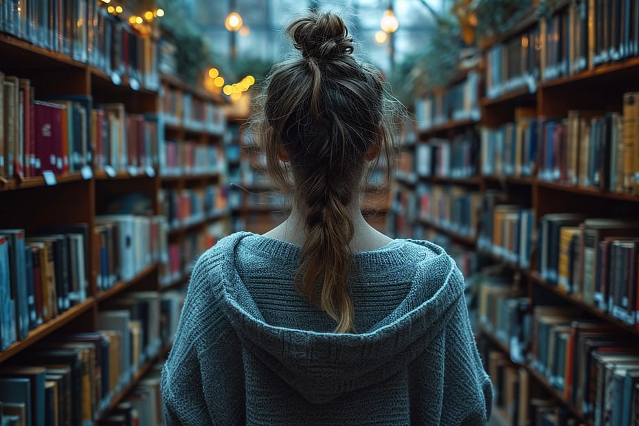 a photography of person from her back seating and reading a book in a very modern library